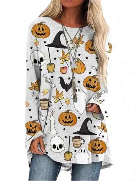 

halloween pumpkin womens t shirt print woman tshirts long sleeve casual o neck tee femme harajuku women clothing y1242a, White