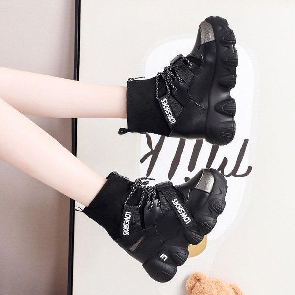 

boots 2021 winter women chunky ankle platform ladies wedge sneakers woman shoes 9cm height increasing, Black