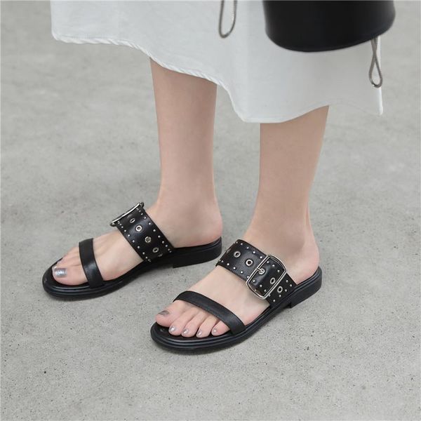 

summer women slippers casual comfortable mules ladies shoes leather solid color buckle ladies shoes flat zapatillas mujer rivet, Black