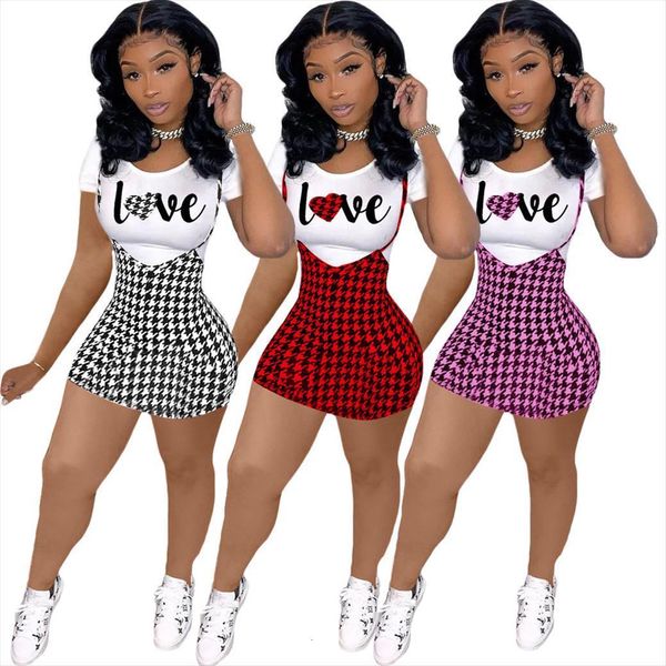 

set short sleeve letter women tracksuits print and slim mini skirt bodycon houndstooth two piece sets for outfit, Gray