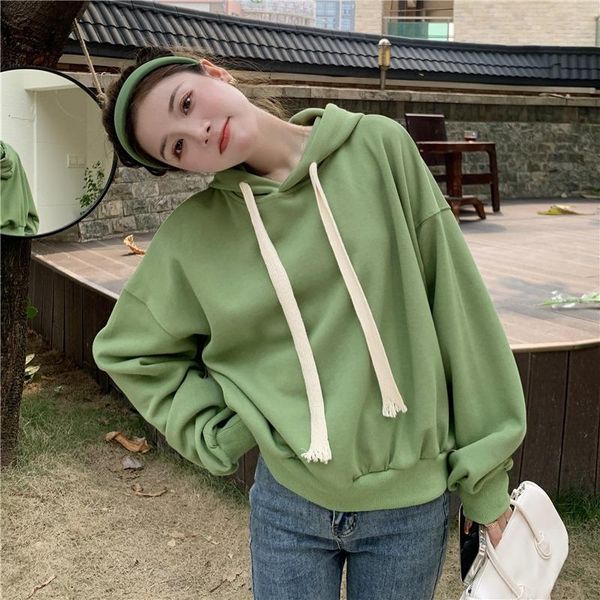 

women's hoodies & sweatshirts 2021 loose all-match long sleeve sweatshirt early autumn clothing korean style solid color drawstring, Black