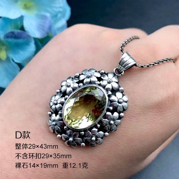 

2021 new handmade real s925 pure sier woman natural lemon crystal necklace pendant vintage jewelry naua, Silver
