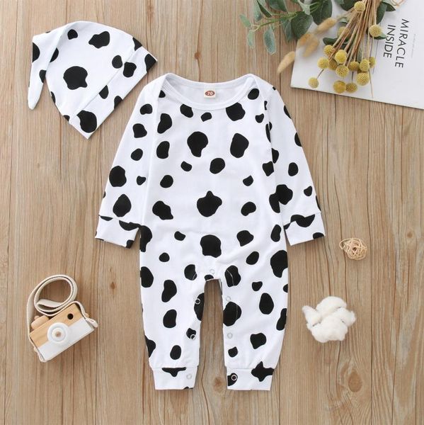 

clothing sets autumn infant baby boys girls costumes clothes set dairy cow printed romper +hat born jumpsuit christmas cosplayoutfits, White