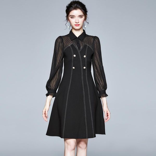 

2021 spring new women long sleeve shirt collar chiffon patchwork dress vestidos elegant lady aline black party robe femme, Black;gray