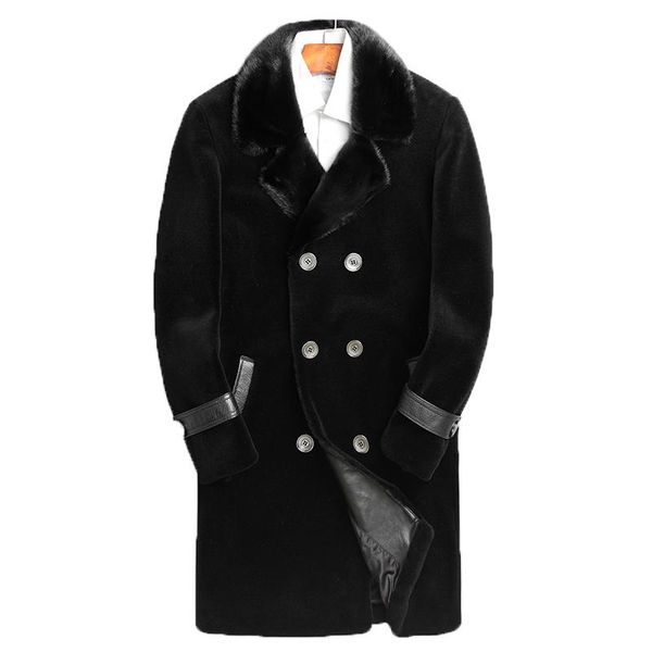 

men's leather & faux winter jacket real sheep shearling fur coat blazer men clothes 2021 mink collar wool coats l17-1128 my1635, Black