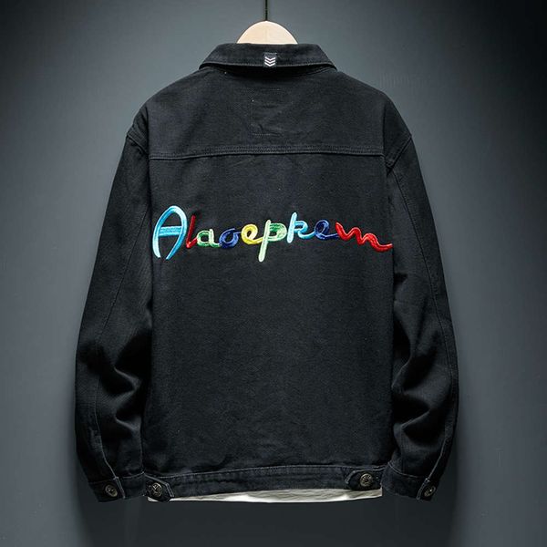 

autumn and winter 2020 men's korean denim color embroidery black jacket fashion trend youth casual shirt, Black;brown