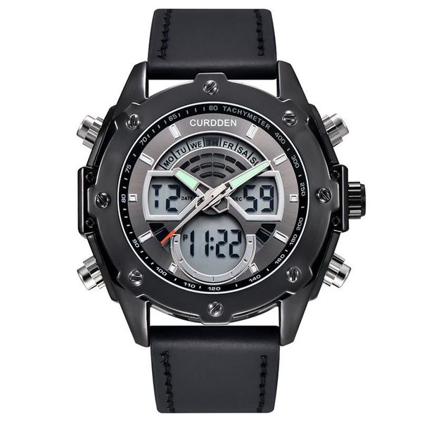 

wristwatches curdden brand 8083 multifunction watches men fashion leather band military dual time sports chronograph business watch black, Slivery;brown