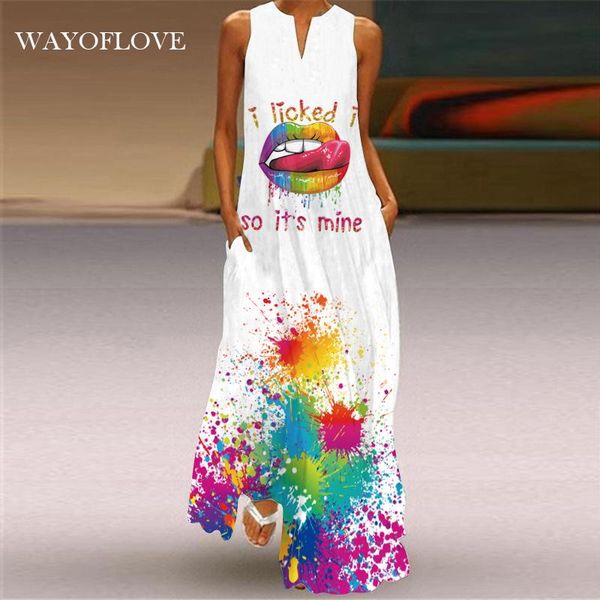 

casual dresses wayoflove elegant mouth print white dress 2021 plus size long woman summer beach sleeveless maxi women, Black;gray