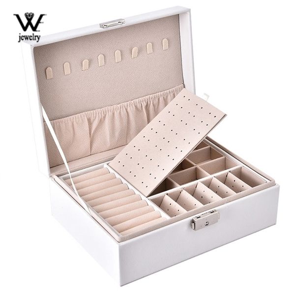 

we portable leather jewelry box gifts travel organizer double-layers multifunction necklace earring ring storage 211105, Black