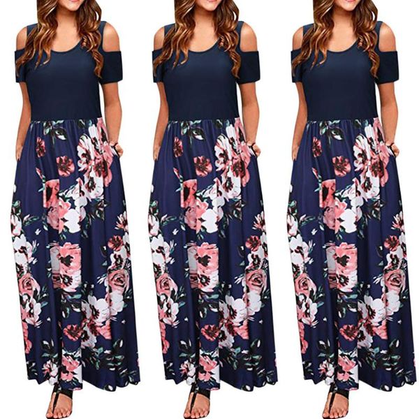 

casual dresses 2021 women floral dress summer split maxi beach sundress off backless boho long vestidos femme #w, Black;gray