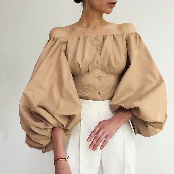 

women's blouses & shirts french style 2021 autumn and winter elegant slim bubble lantern sleeve shoulder-missing shirt cotton top, White
