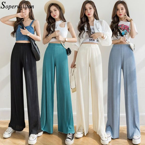 

women's pants & capris long women 2021 summer thin pleated wide leg female lady solid high elastic waist straight fashion casual black, Black;white