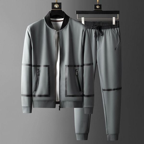 

men's tracksuits sport casual mens sets (sweatshirt+pants) luxury stand collar zipper man jackets elastic waist slim fit male pants 3xl, Gray