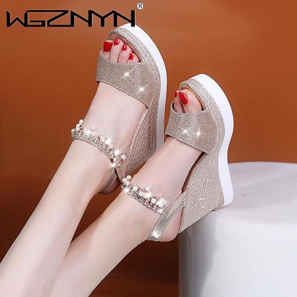 

sandals women wedge summer fashion shoes bead studded detail platform buckle strap peep toe thick bottom casual, Black
