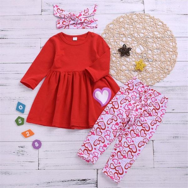 

valentine's day clothes kids girls 3-piece outfit set long sleeve heart print +pants+headband set, White