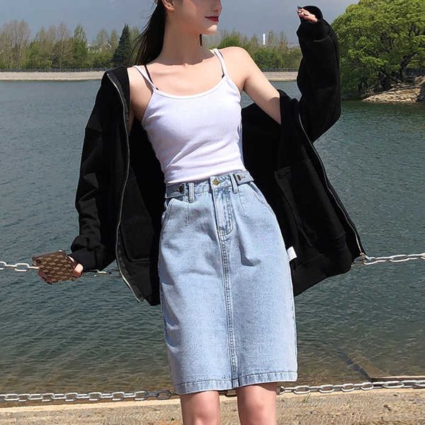 

high waist a-line denim skirt women vintage loose plus size elastic jean skirt summer 2021 straight white black pencil