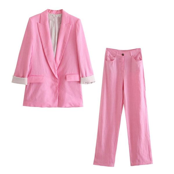 

women's two piece pants xikom 2021 women two-piece set vintage pink cotton linen office lady blazer coat female fashion slim high waist, White