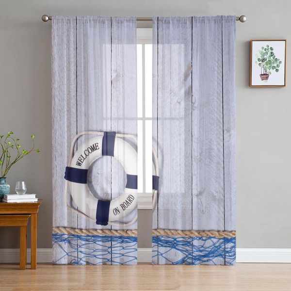 

curtain & drapes retro lifebuoy fishing net plank sheer tulle window curtains for living room bedroom kitchen veiling home decoration