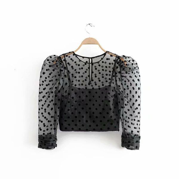 

new spring women polka dot pattern transparent casual organza short blouse shirts women puff sleeve blusas chic ls6024, White