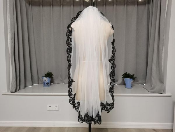 

bridal veils one layer short veil black lace-trimmed white ivory wedding