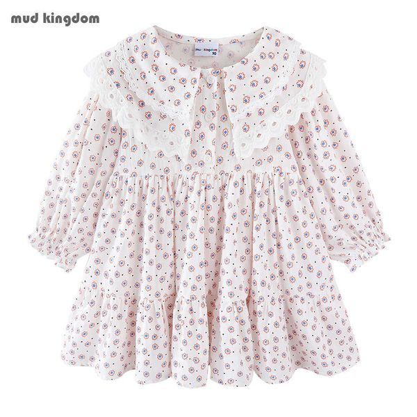 Mudkingdom Mädchen Vintage Kleid mit Kragen Spitzenbesatz Langarm Blumendruck Gilrs Prinzessin Kleider Kinderkleidung 210615