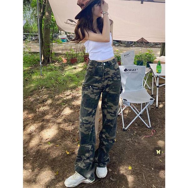 

women's jeans retro army green women camouflage high waist autumn baggy straight trousers, Blue