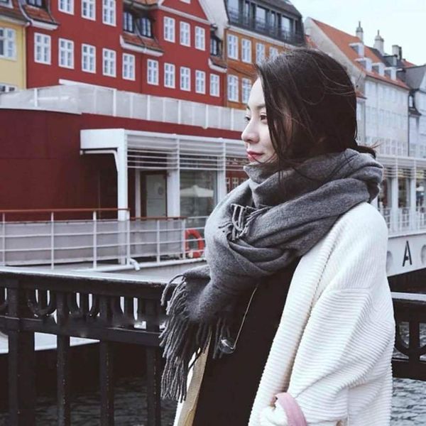 

designer autumn and winter pure color cashmere like wool scarf thickened warm shawl knitted neck, Blue;black