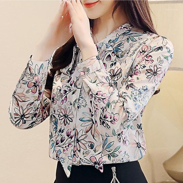 

fashion and blouses 2021 print chiffon blouse shirt bow v collar office long sleeve women shirts women's &, White