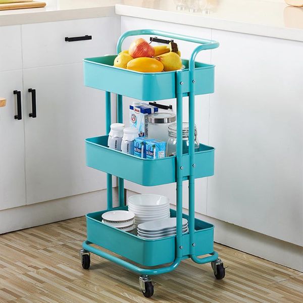 

hooks & rails 3-tier home kitchen storage utility cart with handle slide out rolling rack for bathroom
