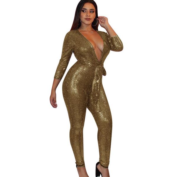 

women's jumpsuits & rompers womens jumpsuit bandage bodysuit v neck 3/4 sleeve waist belt sparkle dot club party bodycon combinaison fe, Black;white
