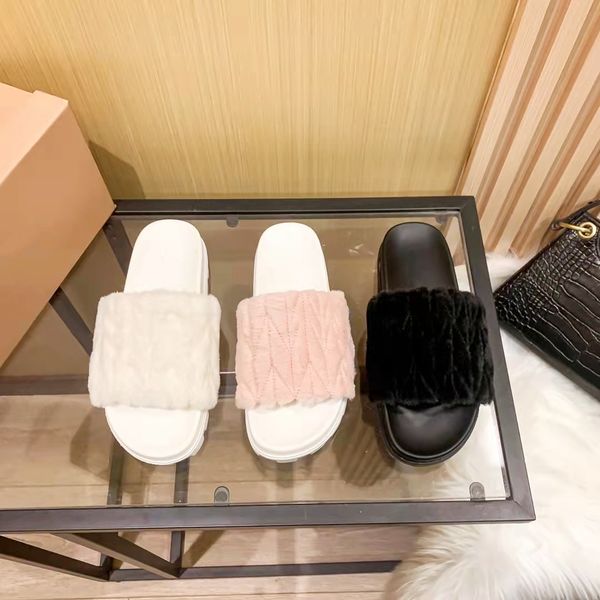 

wool women slippers fashion pure color soft fluffy furry thick soled home indoor warm platform shoes scuffs luxury designer ladies slides sa, Black