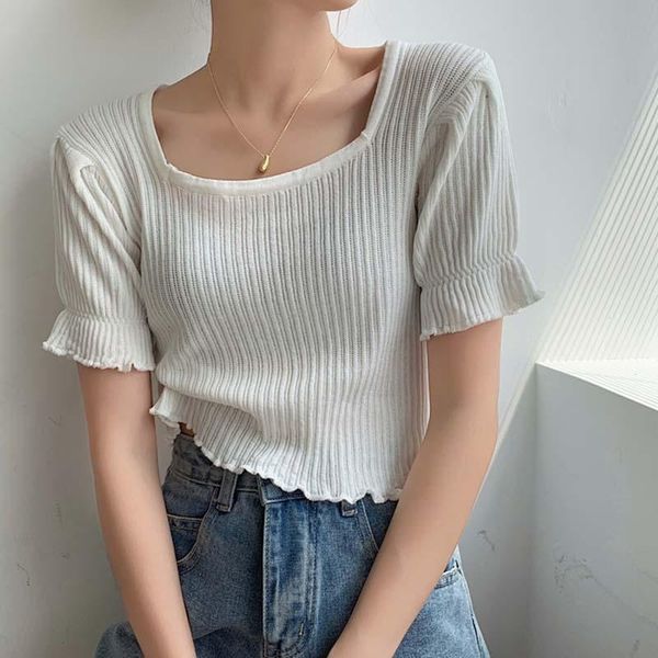 

women's blouses & shirts alien kitty 2021 summer sweet girls chic casual all match ruffle office lady knitted shirt short solid slim, White