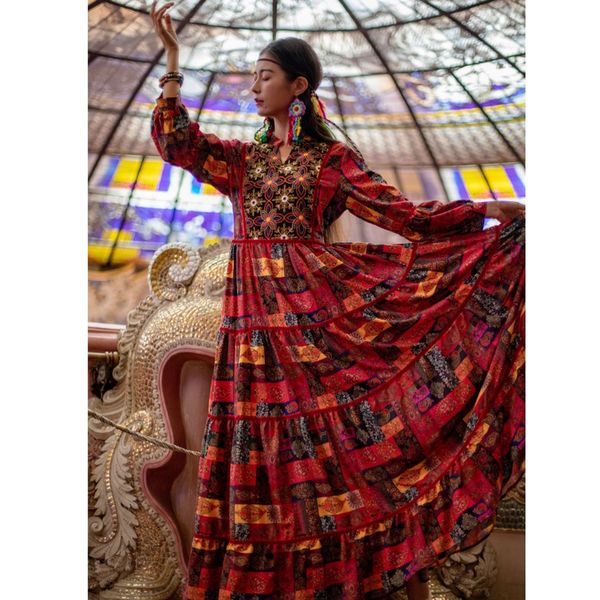 

new boho embroidered ethnic maxi women dress v-neck long sleeve big swing hippie chic beach dresses 2021 spring vestidos v9m9, Black;gray