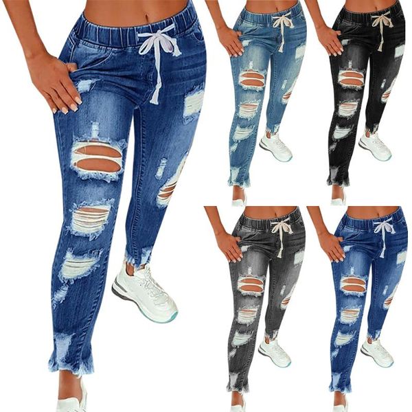 

2021 new women fashion loose jeans ladies elastic waist drawstring pants ripped slim ladies denim streetwear casual trousers, Blue