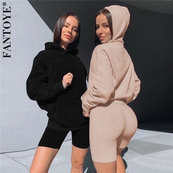 

2021 casual hooded long sleeve pocket two piece sets women autumn loose sweatshirt and short pants basic solid tracksuit new fs65, Gray
