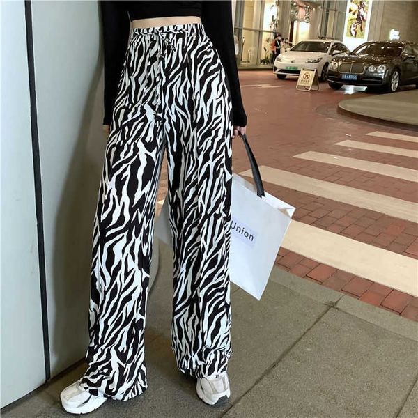 Zebra Calças de perna de largura com cintura alta e solta casual slim reta longas mulheres y2k sweatpants mulheres q0801