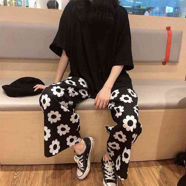 

lolita style autumn korean ulzzang women pants harajuku personality hip hop street flower print loose wide leg ankle-leng, Black;white