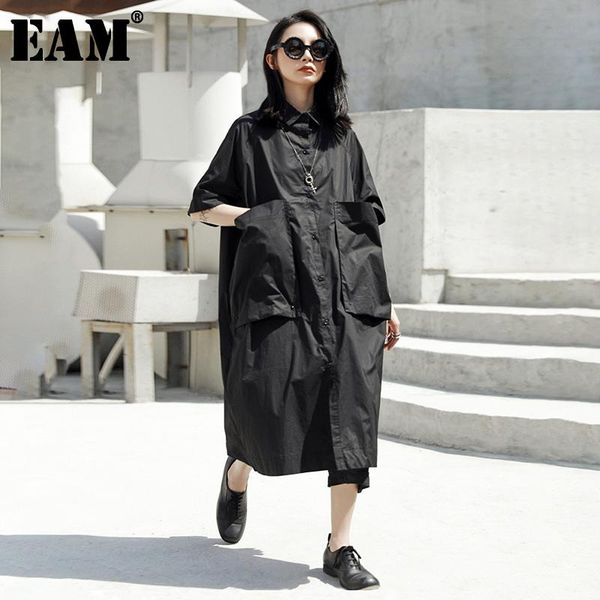 

casual dresses [eam] 2021 spring summer round neck half sleeve black pocket split joint loose big size shirt dress women fashion jt540, Black;gray