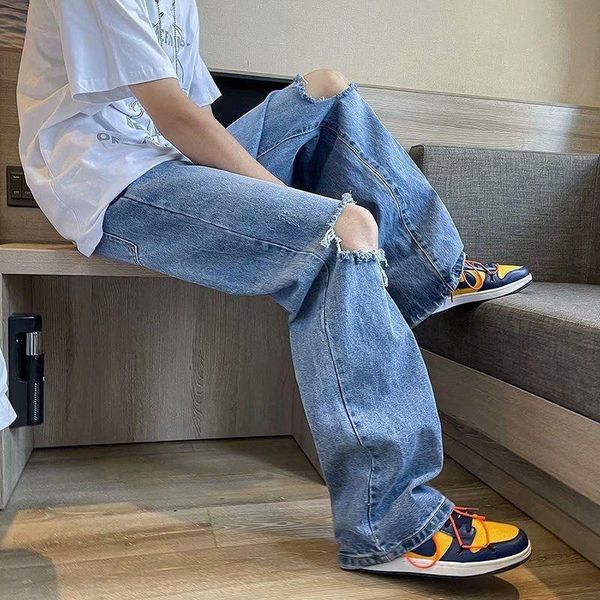 

men's jeans ripped korean casual streetwear hip-hop wide-leg fashion loose straight trousers, Blue