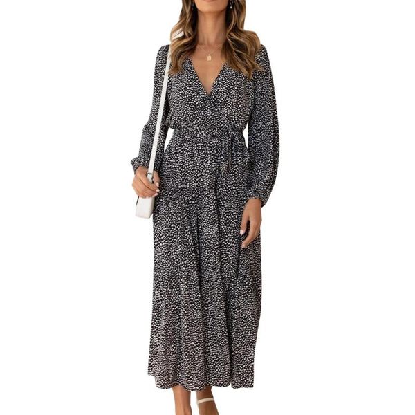 

casual dresses women wrap long sleeve vintage tiered split belted flowy maxi dress evening party fall elegant robe femme, Black;gray