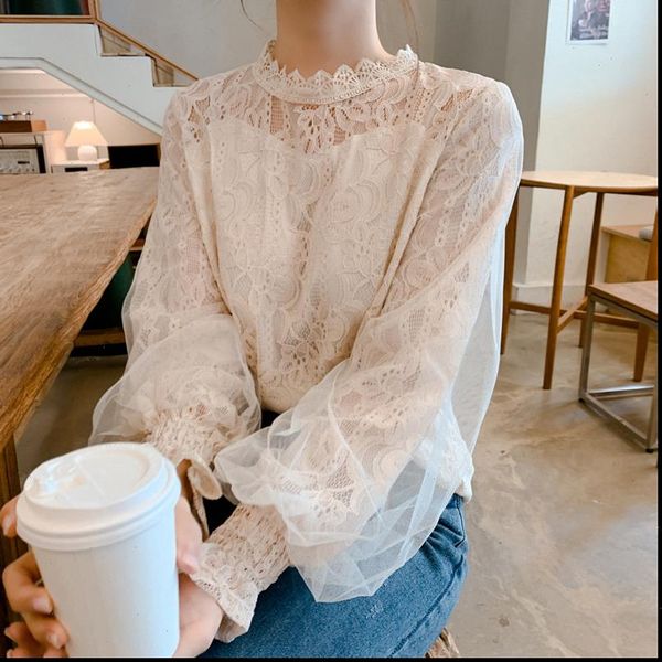 

dingaozlz new fashion women lace blouse korea fashion stitching mesh elegant lantern sleeve white chiffon shirt blusa