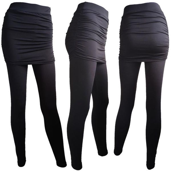 

women's leggings fake two piece pants slim women pack hip pleated skirt ladies solid color bag side trousers s-xxxl, Black