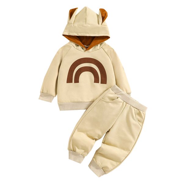 Zweiteiliges Kleidungsset für Baby-Jungen, Regenbogen-Druckmuster, Kapuzenpullover und elastische Taillenhose mit Taschen G1023