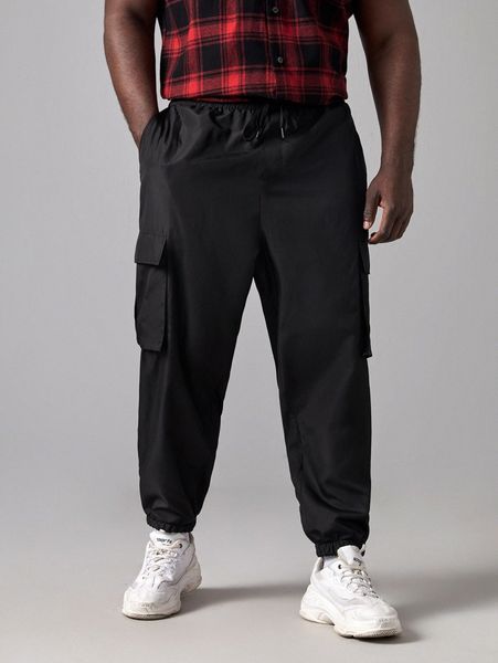 

extended sizes men flap pocket cargo pants n87q#, Black
