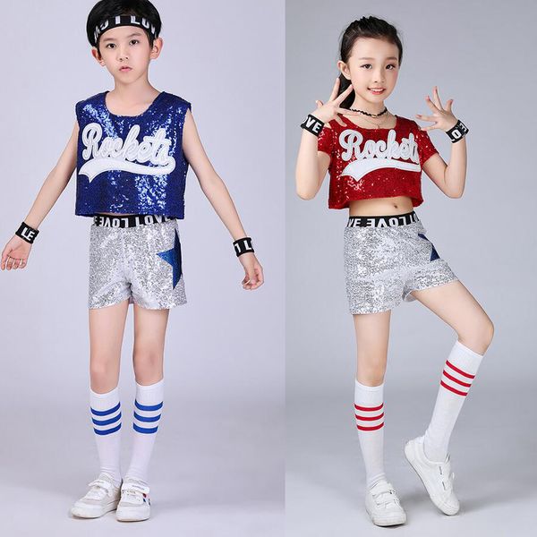 

girls boys sequined ballroom jazz hip hop dance competition costumes shirt pants kid cheerleaders dancing suit wear outfits, Black;red