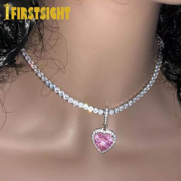 

chains silver color 3mm tennis chain heart pendant necklace bling iced out rainbow cubic zirconia hip hop fashion jewelry for women