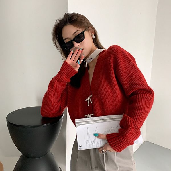 

chic fashions artificial stone precious button cardigan women's sweater with casual v cleavage mesh autumn 2021 8k8c, White;black