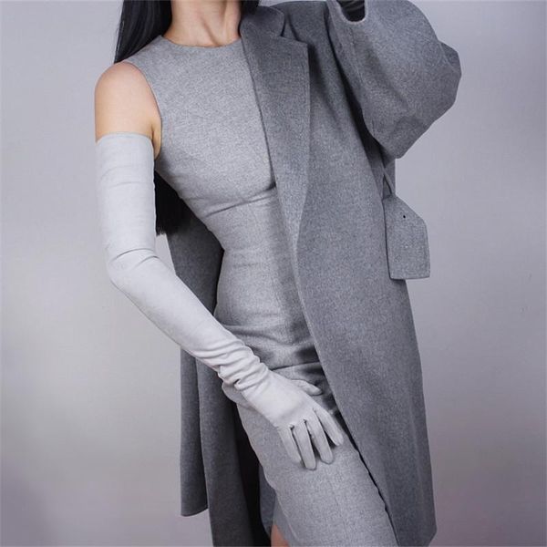 

fingerless gloves extra long suede leather woman 70cm synthetic pu unlined fashion french style female mittens p29, Blue;gray