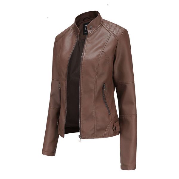 

designerwomen's autumn european and slim coat thin motorcycle spring suit large stand collar leather jacket, Black
