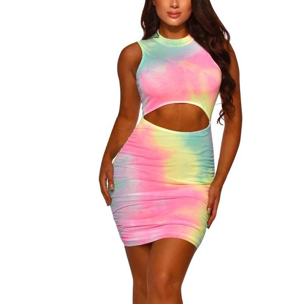 

casual dresses y2k sun dress backless tie dyeing print women 2021 sleeveless hollow out bodycon tank lace-up beach mini, Black;gray